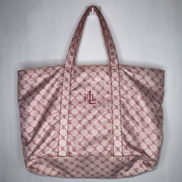 Lauren Ralph Lauren Women’s Pink Monogram Nylon Tote & Cosmetic Bag - Picture 1 of 9
